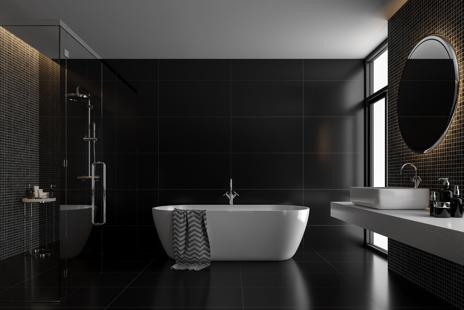 Nowoczesna łazienka z prysznicem walk-in i czarną armaturą. Aranżacje wnętrz i remonty – Warszawa.