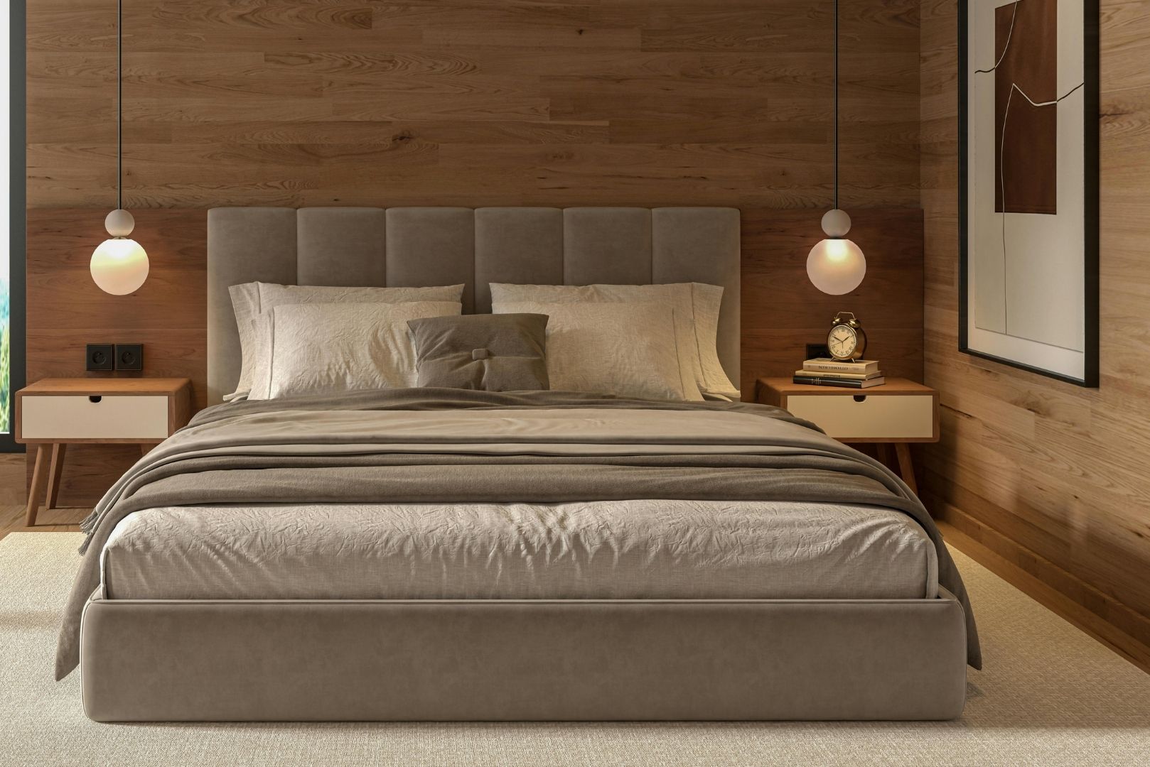 Elegancka sypialnia master z przejściem do prywatnej garderoby. Projektowanie wnętrz premium, Warszawa.